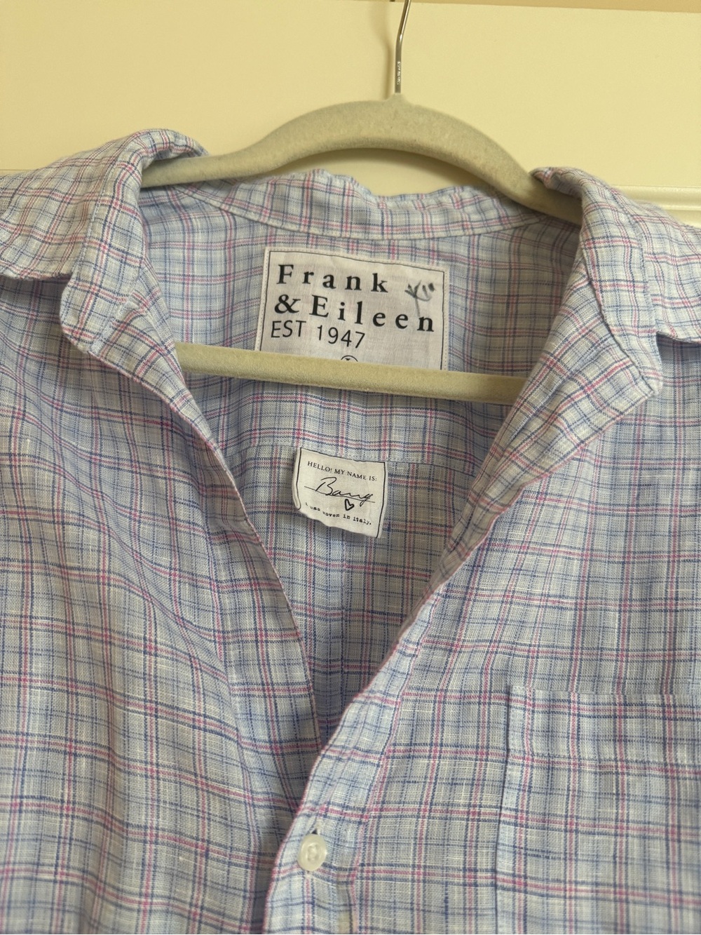 Frank & Eileen Women’s Barry Light Blue/Pink Plaid Button-Up Linen Shirt - Picture 2 of 9